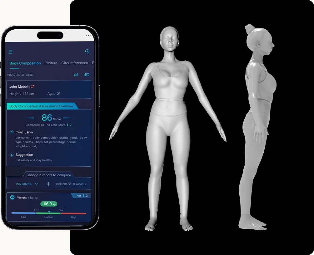 Relatório de composição corporal no celular e avatar 3D do Visbody S30