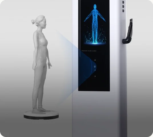 Escaneamento corporal 3D do Visbody S30 com a pessoa em pé na plataforma giratória