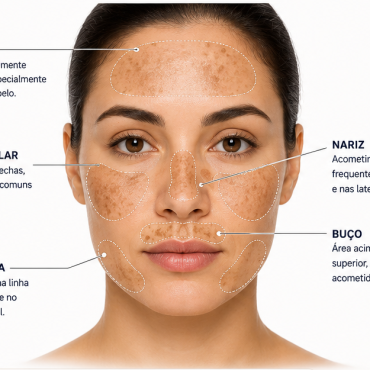 Ilustração do mapa facial do melasma mostrando os padrões clínicos centrofacial, malar e mandibular