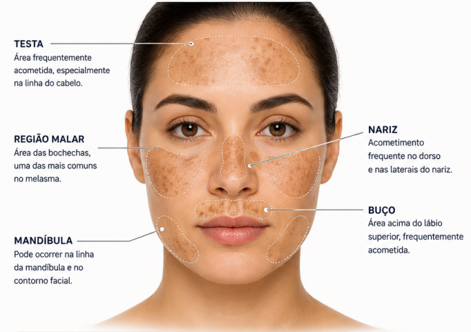Ilustração do mapa facial do melasma mostrando os padrões clínicos centrofacial, malar e mandibular