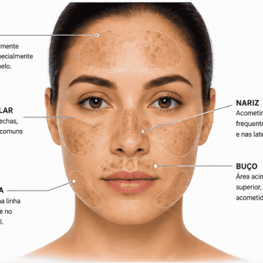 Ilustração do mapa facial do melasma mostrando os padrões clínicos centrofacial, malar e mandibular