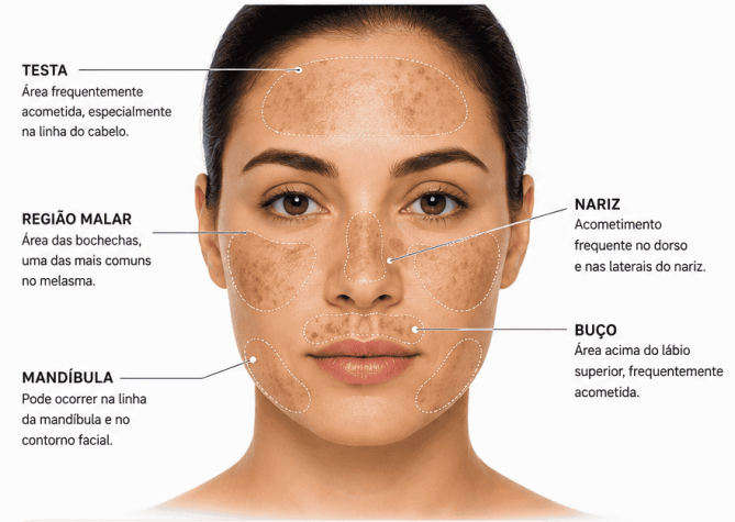 Ilustração do mapa facial do melasma mostrando os padrões clínicos centrofacial, malar e mandibular