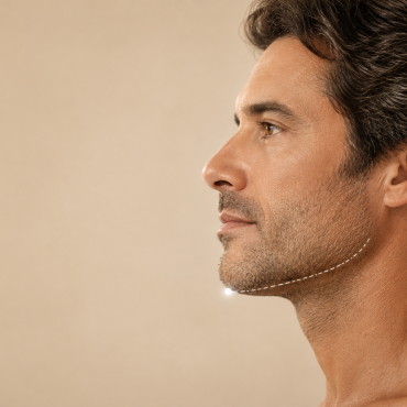 Homem em perfil lateral ilustrando o preenchimento de mento e a melhora da projeção do queixo e do perfil facial.