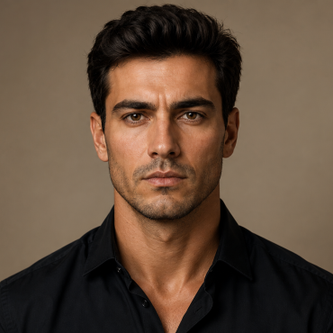 Homem com rosto masculino olhando para frente, destacando mandíbula, queixo e contornos faciais.