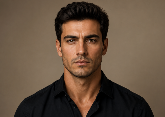 Homem com rosto masculino olhando para frente, destacando mandíbula, queixo e contornos faciais.
