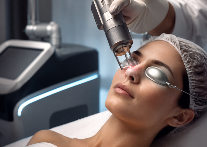 Paciente durante tratamento dermatológico com laser de picossegundos